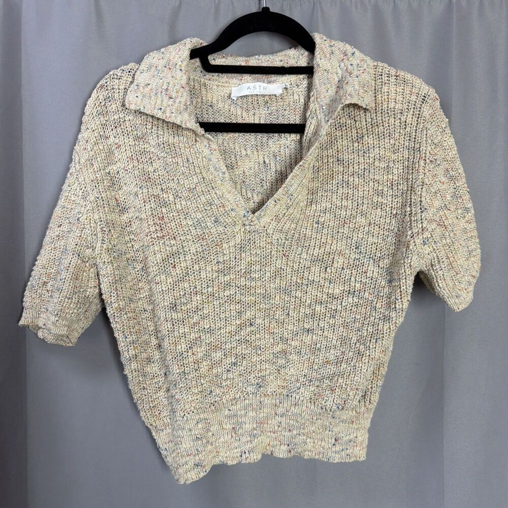 ASTR The Label Sweater Women’s Large Beige Collared Short Sleeve Knit Boho